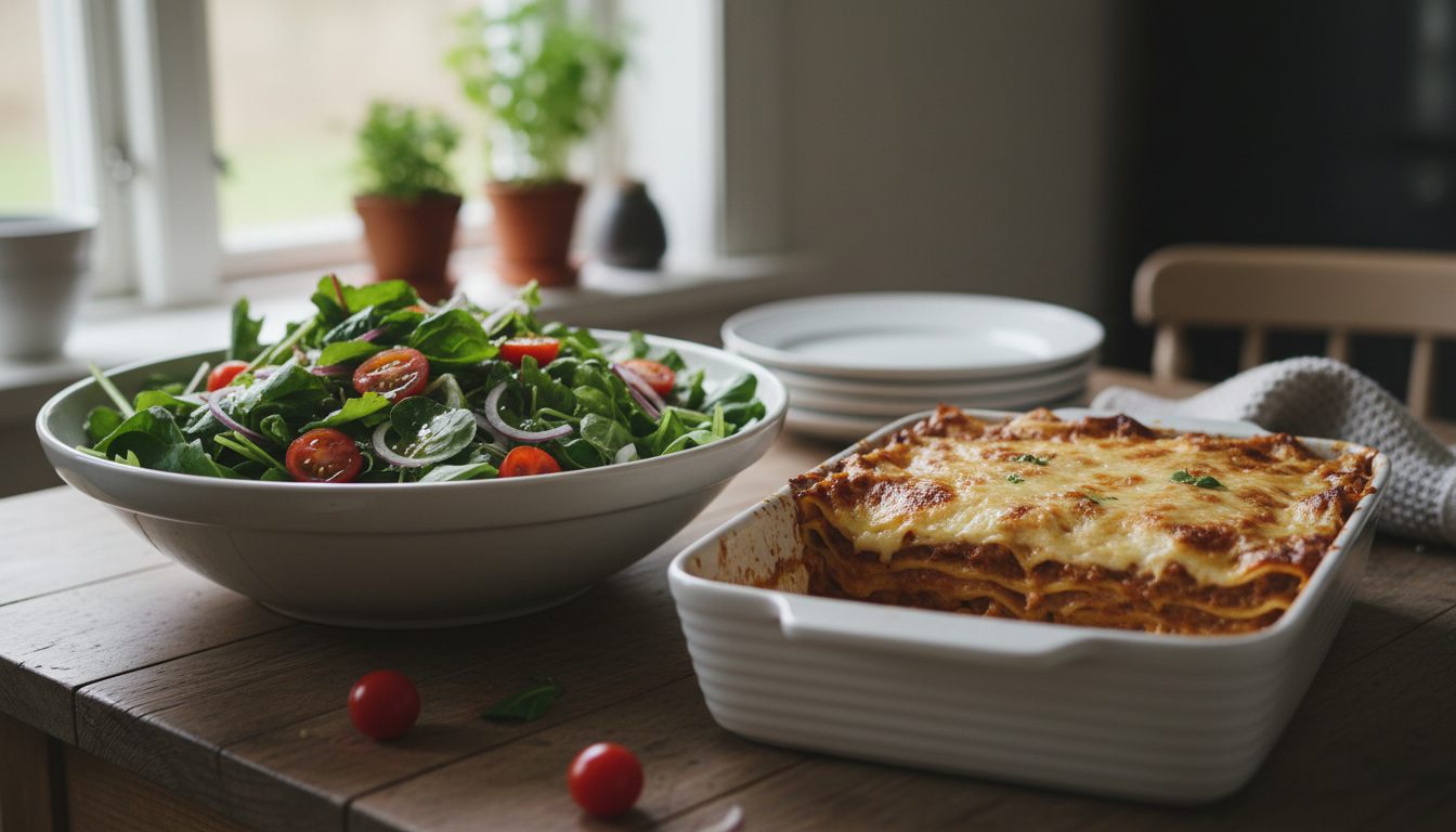 Skål med grøn salat, cherrytomater og rødløg ved siden af et fad nybagt lasagne på et træbord