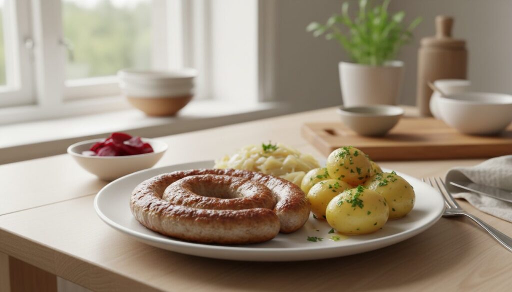 Stegt medisterpølse på en tallerken med stuvet hvidkål, kogte kartofler med persille og en skål syltede rødbeder på et lyst træbord