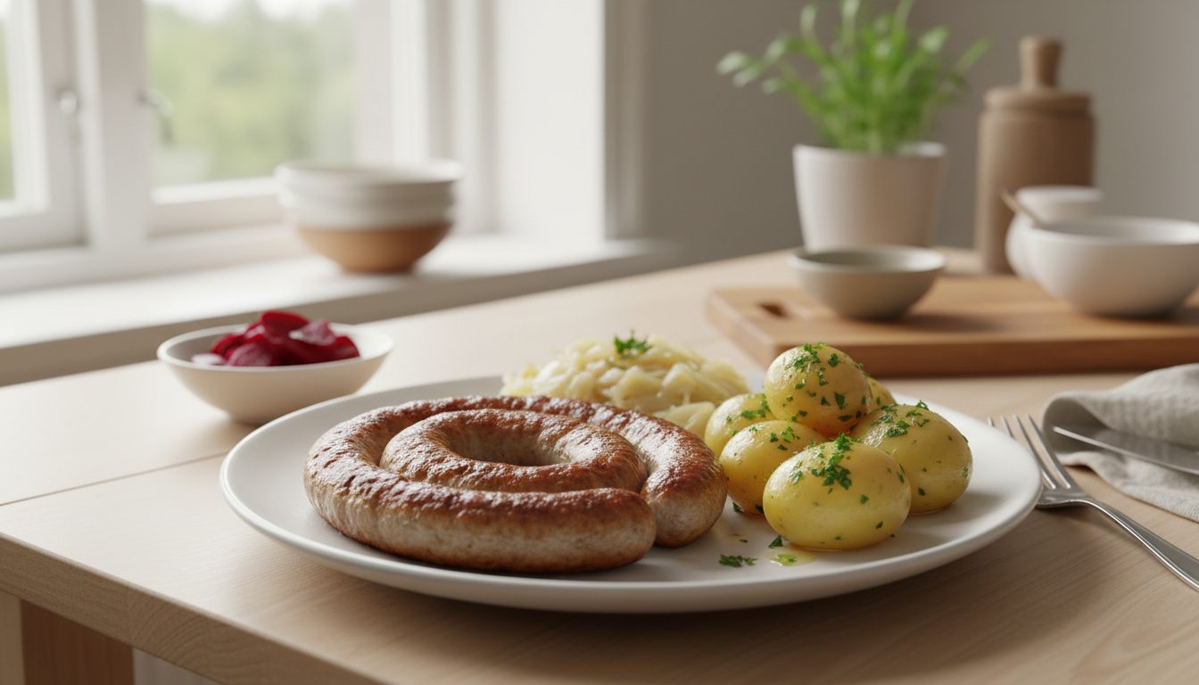 Stegt medisterpølse på en tallerken med stuvet hvidkål, kogte kartofler med persille og en skål syltede rødbeder på et lyst træbord