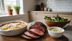 Helstegt oksemørbrad skåret i rosa skiver på et træbræt ved siden af flødekartofler, bearnaise og en grøn salat