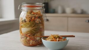 Hjemmelavet kimchi i et patentglas med kinakål, blomkål, strimler af gulerod og kinaradise og røde chiliflager; ved siden af en lyseblå skål kimchi med spisepinde på et lyst træbord