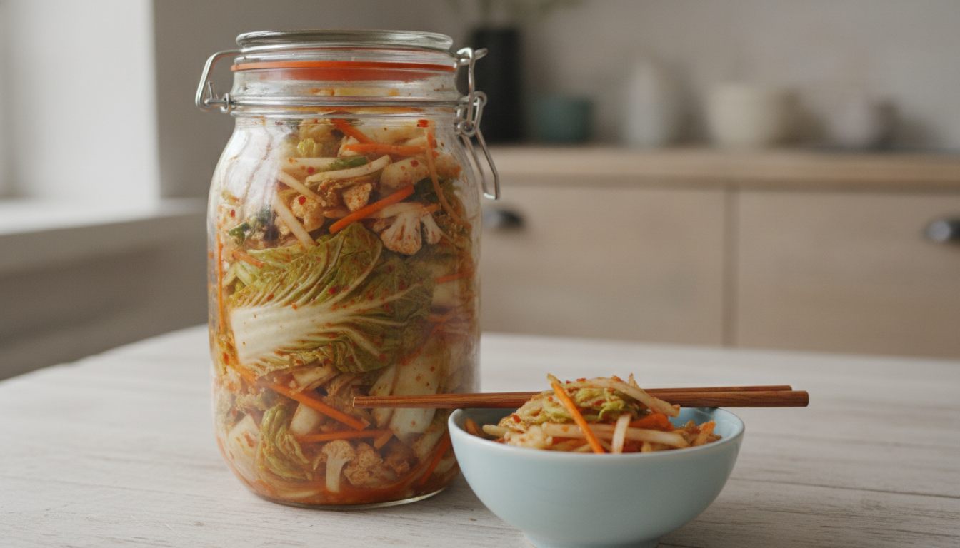 Hjemmelavet kimchi i et patentglas med kinakål, blomkål, strimler af gulerod og kinaradise og røde chiliflager; ved siden af en lyseblå skål kimchi med spisepinde på et lyst træbord