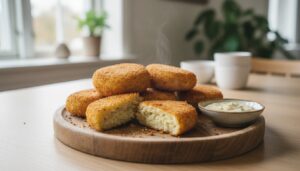 Hjemmelavede kartoffelkroketter med sprød rasp, lidt flade på toppen og stablet på et rundt træbræt, to af dem brækket over, så den bløde kartoffelmos ses, og en lille skål sovs ved siden af