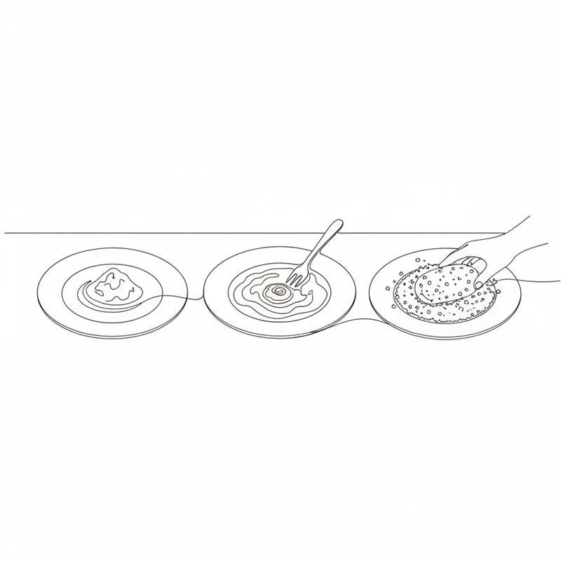 Stregtegning: tre tallerkener på række med mel, sammenpisket æg med en gaffel og rasp, hvor en hånd vender en kroket i rasp