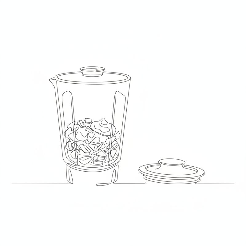 Stregtegning: en blenderkande med stykker af laks og rødløg og en klat creme fraiche, med et låg ved siden af