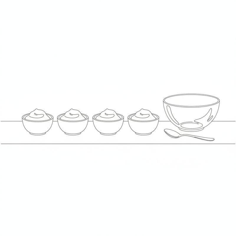 Stregtegning: fire små portionsskåle fyldt med laksemousse på række, en tom røreskål og en ske ved siden af