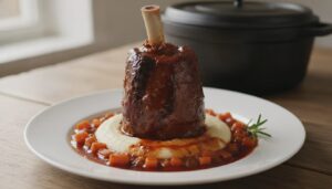 En braiseret lammeskank med knoglen stikkende op står på en hvid tallerken med lys, cremet puré og tomat-rødvinssovs med gulerodstern. Ved siden af ligger en rosmarinkvist, og i baggrunden står en sort støbejernsgryde med låg