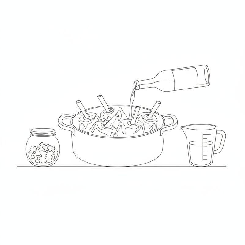 Stregtegning: rødvin hældes fra en flaske ned i en gryde med lammeskanke, med et glas tomater og et målebæger med bouillon ved siden af