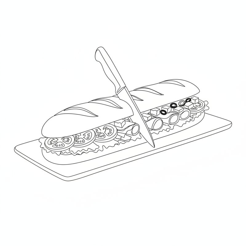 Stregtegning: en kniv skærer en lang, fyldt baguette med over i stykker på et skærebræt