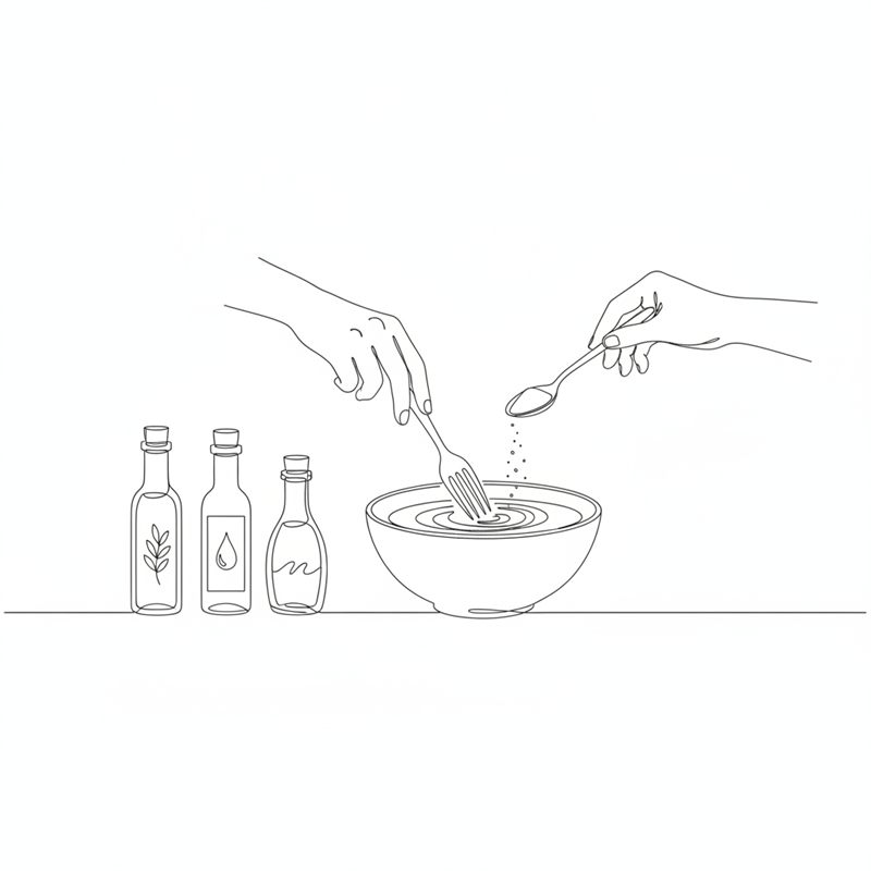 Stregtegning: en hånd pisker marinade i en skål med en gaffel, mens en anden hånd drysser krydderi i fra en ske, og tre små flasker med olie, eddike og soja står ved siden af