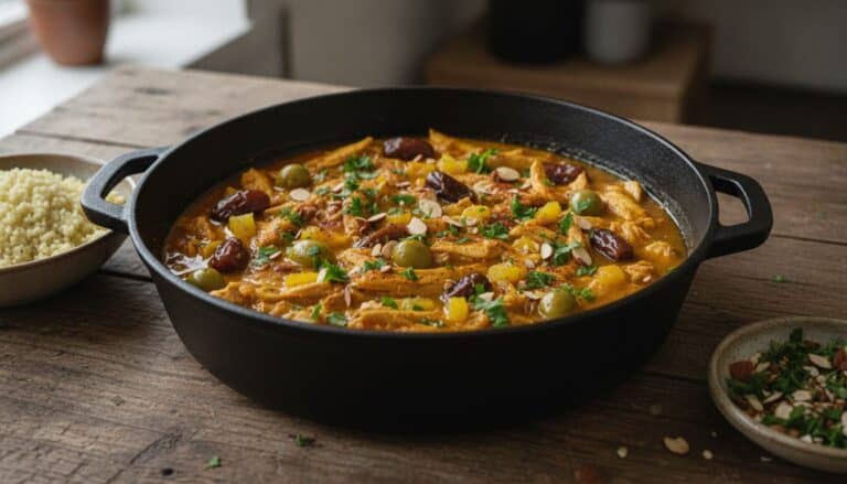 Marokkansk kylling i en sort støbejernsgryde: kyllingestrimler i gyldenorange sauce med dadler, grønne oliven, gule stykker saltcitron, persille og mandelflager, med en skål couscous og en skål persille-mandeldrys ved siden af