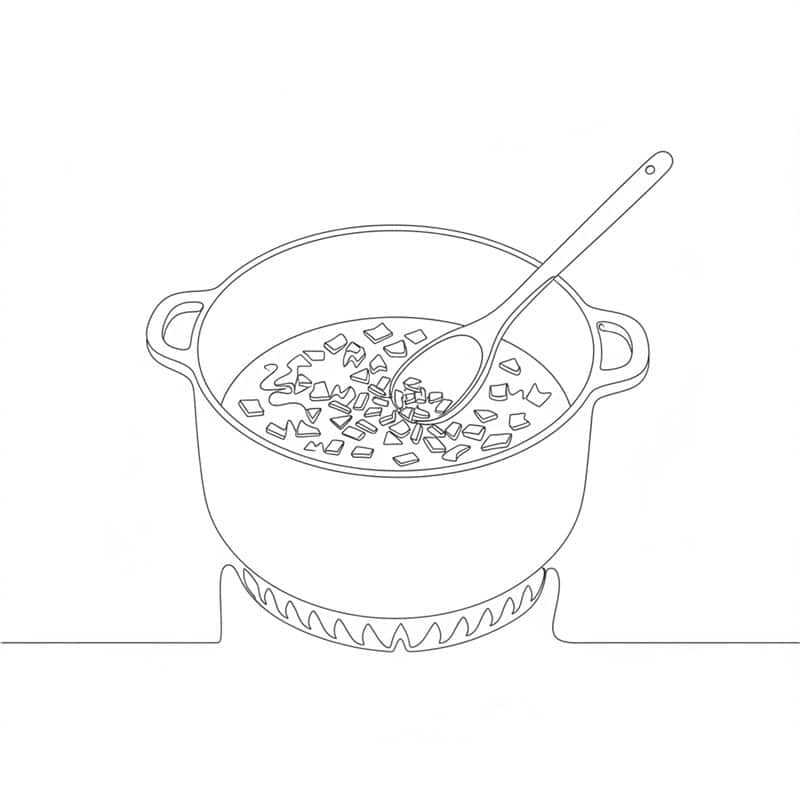Stregtegning: en gryde på et gasblus med hakket løg, der røres rundt med en grydeske