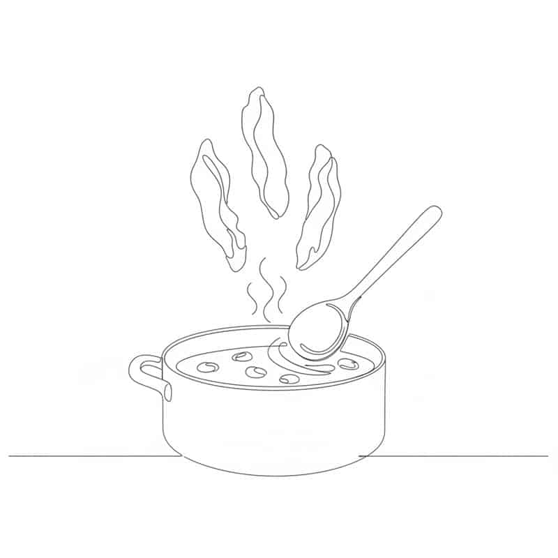Stregtegning: kyllingestrimler på vej ned i en gryde med simrende sauce, en ske i gryden og damp, der stiger op