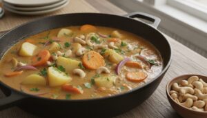 Massaman curry i en sort støbejernspande: kartoffelstykker, gulerodsskiver og strimler af rødløg i en cremet, gyldenbrun karrysauce med cashewnødder og hakket persille, og en lille skål cashewnødder ved siden af