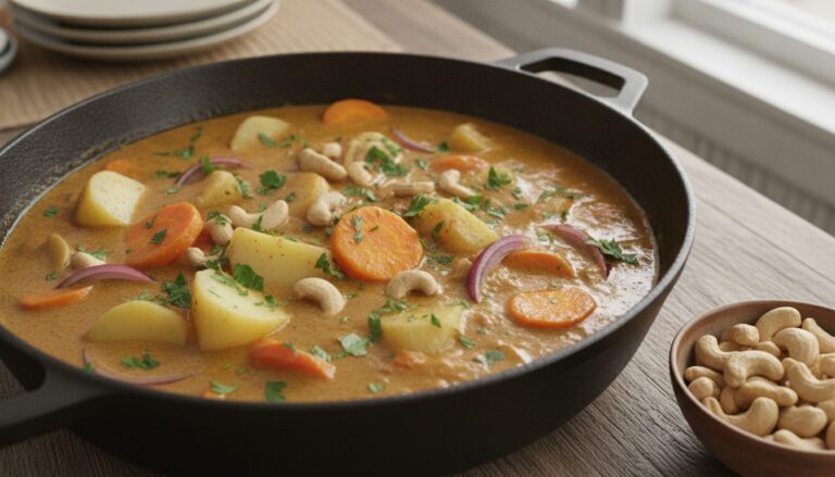 Massaman curry i en sort støbejernspande: kartoffelstykker, gulerodsskiver og strimler af rødløg i en cremet, gyldenbrun karrysauce med cashewnødder og hakket persille, og en lille skål cashewnødder ved siden af