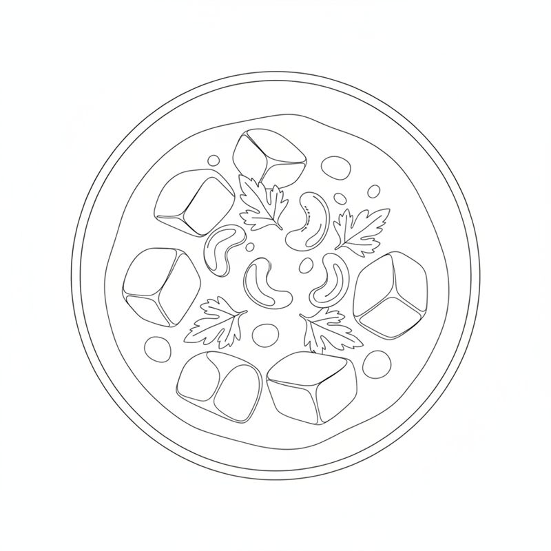 Stregtegning: en tallerken set ovenfra med store kartoffeltern i sauce, cashewnødder og persilleblade