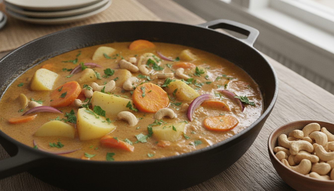 Massaman curry i en sort støbejernspande: kartoffelstykker, gulerodsskiver og strimler af rødløg i en cremet, gyldenbrun karrysauce med cashewnødder og hakket persille, og en lille skål cashewnødder ved siden af