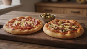 To hjemmelavede mini pizzaer på et træbræt: den ene med tomatsauce, smeltet ost og skinke, den anden med champignon, skiver af grønne oliven og bacon, og en lille skål grønne oliven bagved