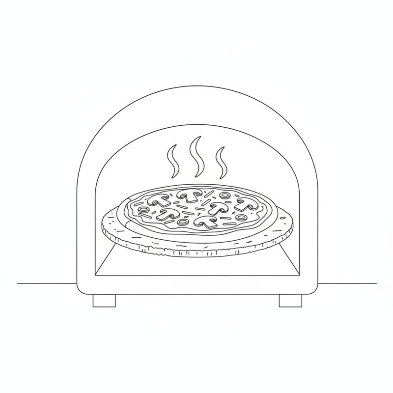 Stregtegning: en pizza med champignon og oliven ligger på en pizzasten i en ovn, og damp stiger op