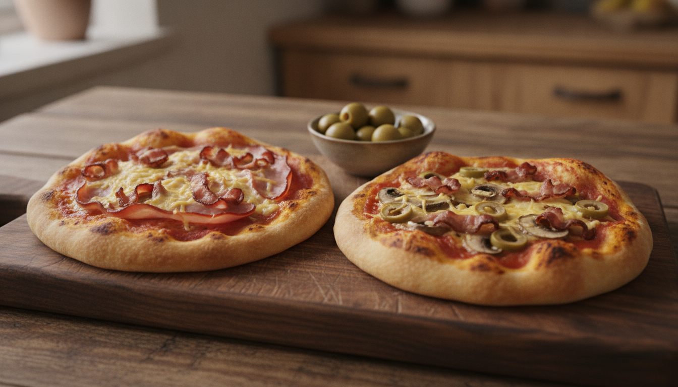 To hjemmelavede mini pizzaer på et træbræt: den ene med tomatsauce, smeltet ost og skinke, den anden med champignon, skiver af grønne oliven og bacon, og en lille skål grønne oliven bagved