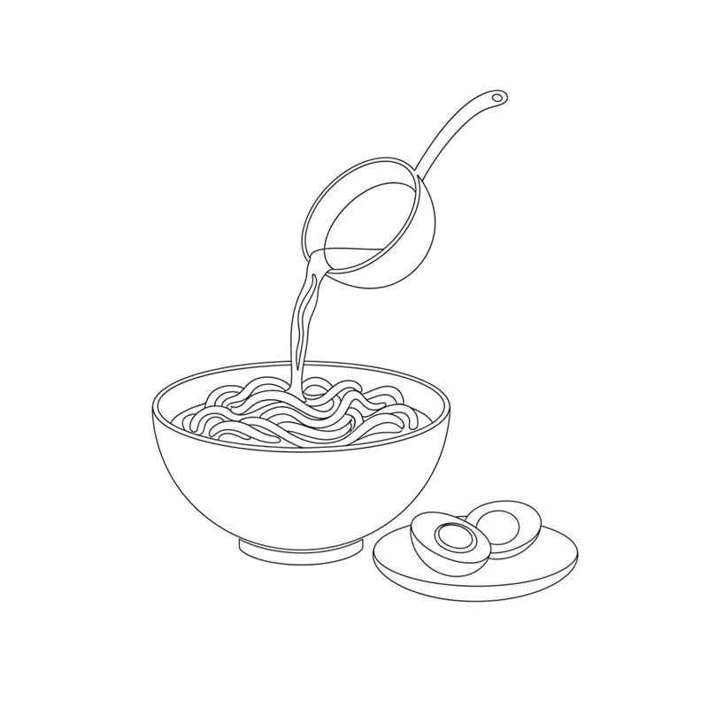 Stregtegning: varm suppe hældes over tykke udon-nudler i en skål med et halveret æg på en lille tallerken ved siden af