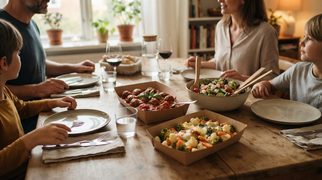 Kølede færdigretter i bakker på et familiebord