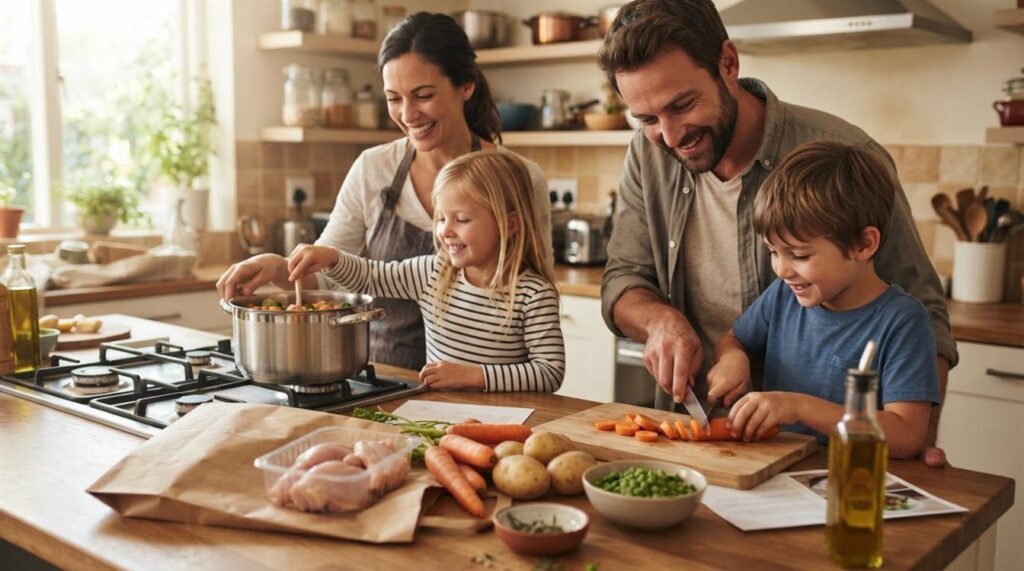 Familie laver aftensmad sammen med råvarer fra en måltidskasse