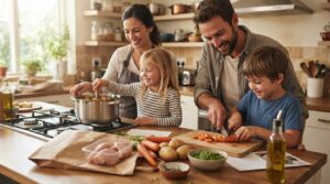 Familie laver aftensmad sammen med råvarer fra en måltidskasse