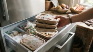 Frosne færdigretter i papirbakker tages op af fryseren