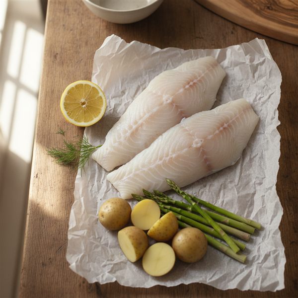 Råvarer til en fiskeret: torskefileter, citron, dild, nye kartofler og asparges