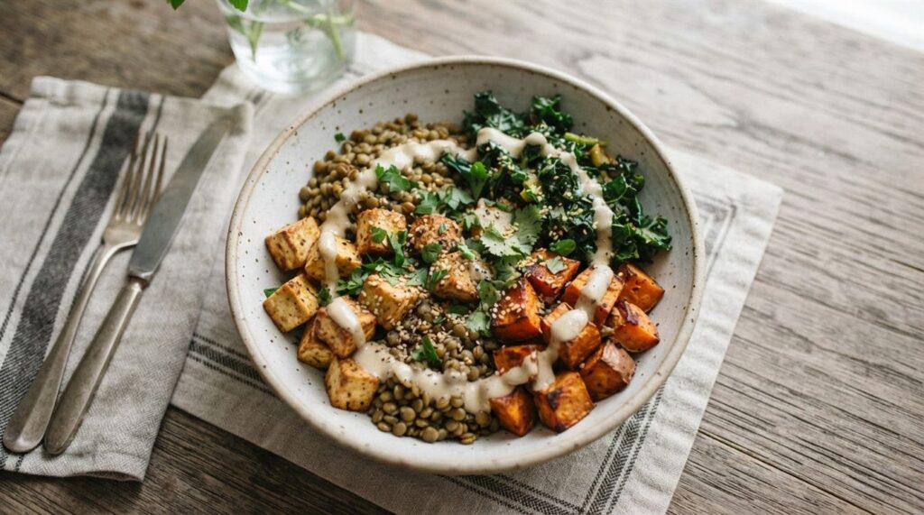 Plantebaseret aftensmad med tofu, linser og grønkål