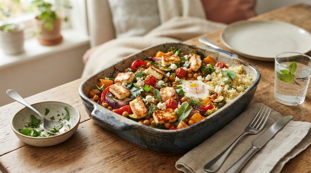 Vegetarisk aftensmad med halloumi, ovngrøntsager og kikærter