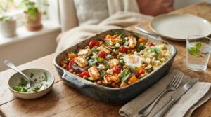 Vegetarisk aftensmad med halloumi, ovngrøntsager og kikærter